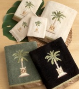 Bring a tropical touch to your powder room with Avanti Banana Palm Towels. Intricately embroidered potted palm and sleek satin trim. Made of softest 100% sheared cotton velour.