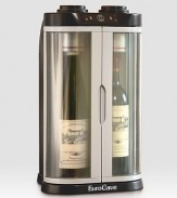 Chills and preserves opened wine up to ten days! Just place an uncorked bottle inside, close the door, slide EuroCave's patented vacuum cylinder over the bottle neck, and set the desired temperature. No stoppers, pumps, or gases required.