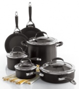 The cookware of professionals. This premium, hard-anodized cookware set is constructed with an exceptionally effective nonstick coating -- inside and out -- and an aluminum core that provides great, consistent cooking results. Limited lifetime warranty.