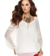 Crochet lace & crinkle chiffon fabric make this Andrew Charles peasant blouse a sweet topper to severe skinny jeans!