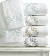 All natural. Fresh white cotton bath towels embroidered with delicate scrolling vines give the Trousseau Leaf bath towel an easy, timeless elegance. With the impeccable styling of Martha Stewart Collection.