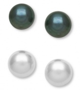 Polish just about any look with the perfect hue. This 2-piece stud earring set features cultured freshwater pearls (10-11 mm) in white and black. Set in sterling silver. Approximate diameter: 1/2 inch.