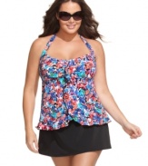 Ruffles and a pretty floral print look cute as can be on 24th & Ocean's plus size tankini top! The tulip-wrap hem adds a unique touch, too.