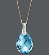 Add a pop of bright blue color. This beautiful pendant features pear-cut blue topaz (6-1/5 ct. t.w.) with sparkling diamond accents at the bail. Crafted in 14k gold. Approximate length: 18 inches. Approximate drop: 3/4 inch.