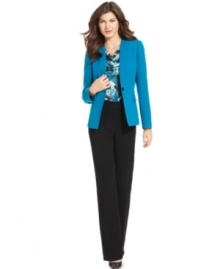 Tahari by ASL pulls together a cobalt jacket and classic black trousers with a chic cowlneck shell that marries both colors together for a look that's always perfectly coordinated.