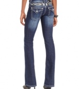 A rhinestone embellished back yoke adds eye-catching appeal to these Miss Me bootcut jeans -- perfect for daytime glam!