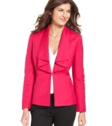 Create a standout look any day of the week with Tahari by ASL's ruffle-front jacket. The hot pink color pops against classic grey and black pants.