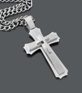 Stay true to your faith and your sense of style. Men's necklace features a large, intricate, multilayer cross set in stainless steel. Approximate length: 24 inches. Approximate drop width: 2 inches. Approximate drop length: 4 inches.