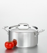 Stir professional-grade sauces with a chef's choice sauce pot in an 18/10 stainless steel mirror finish. A pure aluminum core distributes heat rapidly and evenly, while a tapered rim facilitates easy, drip-free pouring and transfer. Limited lifetime warranty.