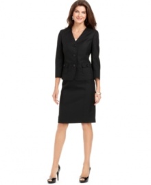 Le Suit's skirt suit looks extra sleek with a collarless, three-quarter-sleeve jacket and a flattering skirt fit. This suit is a cinch to wear from desk to dinner when paired with a stylish shoe.