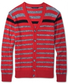 This Sean John cardigan is dressed up in colorful stripes for a classy preppy look.