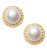 A luxurious delight. A 14k gold rope setting adorns the edges of these beautiful cultured freshwater pearl earrings (9-1/2-10mm). Approximate diameter: 1/2 inch.