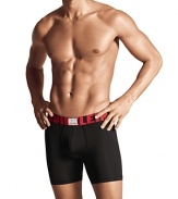 Smooth and ultra modern microfiber fabric made of soft yet quick drying nylon with elastane for flexibility of movement. Flat lock closures for comfort against the body. Boxer brief silhouette.