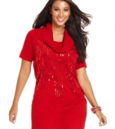 Sparkle this season with AGB's cowlneck plus size tunic sweater, showcasing a sequined front!