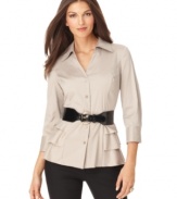 Alfani gives this shirt a feminine twist, adding tiered detail at the hips and a sleek contrasting belt. Pair with skinny pants and heels or tall boots for a fresh take on workwear.