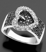 An iconic heart buckle symbolizes love and togetherness. This gorgeous ring features round-cut black diamonds (5/8 ct. t.w.) and white diamonds (1/6 ct. t.w.) set in sterling silver. Size 7.