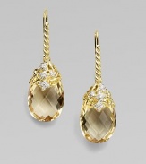 From the Quatrefoil Tapestry Collection. A glowing faceted teardrop of champagne citrine hangs from a stunning cap of 18k gold set with pavé diamonds in quatrefoil shapes.Diamonds, .15 tcwChampagne citrine18k yellow goldLength, about ½Cable ear wireImported