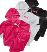 Super soft velour and always trendy hoodie by Puma is available in one of these assorted fun colors. Makes a great gift.