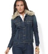 Lauren Jeans Co.'s classic denim jacket is updated for the season with a detachable faux-fur collar, adding luxurious appeal to any layered wardrobe. (Clearance)