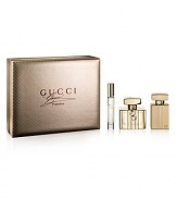 The bottle is the iconic Gucci shape and the sparkling fragrance is sophisticated, young and timeless. Top notes: Begamot and blackberry. Middle notes: Orange blossom and wild fur accord. Base notes: Patchouli and Sandalwood. Set contains: Eau de Parfum (75ml, 2.5 oz.), Body Creme (50ml, 1.7 oz.), Portable Fragrance (7.4ml, 0.25 oz.). 