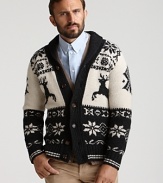 Celebrate the season in this classic Moncler shawl cardigan with wooden buttons and a retro reindeer design.