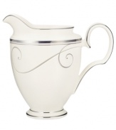 Fluid platinum scrolls glide freely throughout this beautiful fine china creamer from Noritake. Easy to match with any decor, the fresh and elegant Platinum Wave collection of dinnerware and dishes is a timeless look for fine dining or luxurious everyday meals. Holds 10 oz.