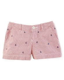 Perfectly preppy in seersucker cotton, a classic short is adorned with allover anchor embroidery for a cute spin on nautical style.