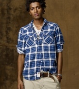 Relaxed yet stylish, a rugged Holmes plaid Western shirt in crisp cotton twill exudes authentic downtown style.