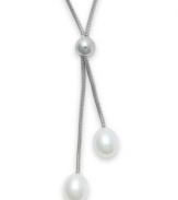 Three cultured freshwater pearls (9 mm) add shimmer to this lovely lariat-style necklace. Set in sterling silver. Approximate length: 19-1/2 inches. Approximate drop: 1-1/2 inches.