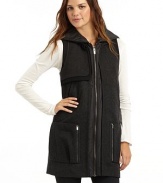 THE LOOKQuilted hoodWool blend stand collarSleevelessSingle gun flapZip frontDual welt & zip pocketsTonal pipingBack button tab detailTHE FITAbout 30½ from shoulder to hemTHE MATERIAL43% wool/30% rayon/27% polyesterTrim & fill: polyesterFully linedCARE & ORIGINDry cleanImported