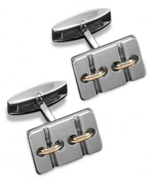 Button up your look. These sophisticated screw-accented cuff links make any look stand out. Crafted in stainless steel with 14k gold accents. Approximate length: 19 mm. Approximate width: 13 mm.