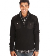 This Marc Ecko Cut & Sew sweater has a sleek zip neck design and a sleek modern fit.