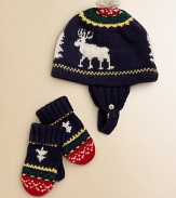 A reindeer hat and mitten set is the perfect wintertime accessory for stylish warmth in the colder months.Hat features contrast stitching and chin strap with single button closureMittens feature ribbed turn-back cuffs and flat-knit handCottonMachine washImported