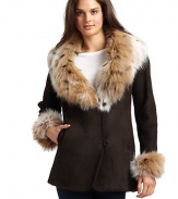 THE LOOKFox fur shawl collarButton-frontFur-trimmed cuffsDual seam pocketsTHE FITAbout 29 from shoulder to hemTHE MATERIALDyed shearlingGenuine sheepskinDyed fox fur trimCARE & ORIGINDry clean by fur specialistFur origin: ChinaMade in USAModel shown is 5'9½ (176cm) wearing US size Small. 