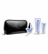 Fashion and fragrance are merged together in this delicious set. A 0.8 oz. refillable Angel star, 3.4 oz. Perfuming Body Lotion, and 1 oz. Perfuming Shower Gel are housed in a chic, textured leather-like pouch, embossed with the mysterious star and designed to hold intimate beauty products.