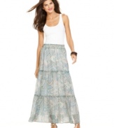 An ethereal print on sheer fabric and tiered panels lend a breezy look to this Ellen Tracy skirt. Pair it with a white tank top and sandals for bohemian chic!