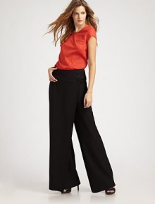 EXCLUSIVELY AT SAKS. A simply stunning interpretation of the classic wide-leg pant, constructed with fluid lines and a sleek wrap-front panel.Button-front wrap panelWide waistbandWide legsSide zipperRise, about 11Inseam, about 3570% polyester/30% rayonDry cleanImportedModel shown is 5'10 (177cm) wearing US size 4.ABOUT THE DESIGNER Former fourth-grade schoolteacher Kara Laricks always told her students to be true to themselves. 