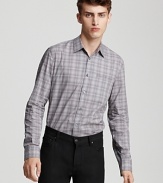 A muted, tonal check brings a quiet elegance to this casual slim fit sport shirt from John Varvatos.