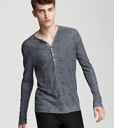 A sleek, lightweight henley with an allover burnout heather pattern and ribbed texture. By John Varvatos Star USA.