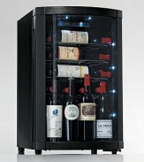 This refrigerator displays your wines and dispels your fears about storing opened bottles. A convex-shaped door with a built-in shelf holds four bottles upright. Digital temperature control maintains ideal conditions for both reds and whites!