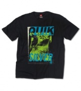 Funky bright color graphic on a solid short sleeve t-shirt by Quiksilver.