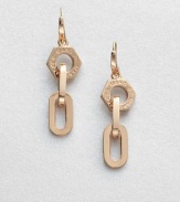 A logo accented nut and narrow, chain links in a chic drop design. Rose goldtone brassDrop, about 1.9Hook backImported 