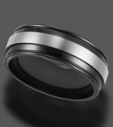 Classic stripes in modern black titanium. This ring by Triton features an 8 mm band. Sizes 8-15.