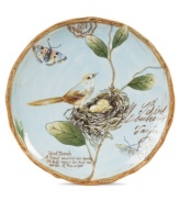 A charming part of any casual landscape, the fanciful Toulouse salad plates from Fitz and Floyd brim with life, from the sculpted botanicals and twig edge to a full bird's nest.