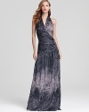 Moody and mysterious, Halston Heritage's printed halter gown lends a dramatic look.