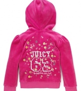 Juicy Couture's lush velour hoodie is pretty front to back with puff sleeves, bright gld tone buttons and a back floral logo graphic.