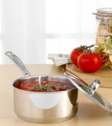 A great choice for slow simmers, rolling boils and liquid reductions, this gorgeous 18/4 stainless saucepan looks as good as it cooks. Features riveted Cool Grip Handles for a confident hold, tapered rims for easy pouring and a lid that locks in flavor, texture and nutrients. A helper handle provides extra support and balance when lifting and pouring. Aluminum core spreads heat for even cooking. Lifetime limited warranty.