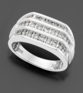 This handsome ring is gleaming with good cheer and three rows of round-cut diamonds (1 ct. t.w.). Set in 14k white gold.