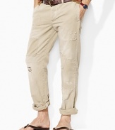 Repaired twill patchwork lends a rugged quality to the trim-fitting Officer's pant in durable cotton chino.