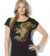 Lauren Ralph Lauren's plus size cotton jersey tee exudes casual-chic flair with an exotic dragon design at the front.